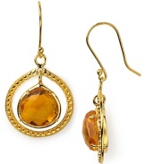 Textured gold and faceted citrine come together in Coralia Leets framed drop earrings. Rich 22K gold plating brings out the stone's natural beauty for goddess-like glamour.