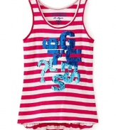 Bold stripes, a ruffled hem and an ultra glam sequin printed logo adds instant pop to a cotton tank from GUESS Kids.