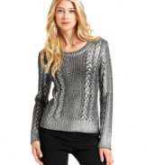 This shiny cable-knit petite sweater from MICHAEL Michael Kors is perfect for going out on chilly nights! Wear with statement accessories for a dressy look.