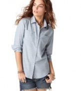 In chambray for fall, this Free People blouse features a crochet back that is oh-so-chic!