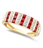 Enjoy ribbons of rouge on this stately and beautiful ring. Featuring round-cut diamonds (1/10 ct. t.w.) and princess-cut rubies (9/10 ct. t.w) set in 14k gold.