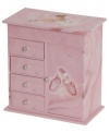 Pretty in pink, the Callie musical jewelry box features a girly ballerina overlay and twirling dancer inside. Drawers, hooks and divided sections will help her care for a treasure trove of rings, bracelets and beads.