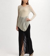 Gossamer wool-blend in an airy chevron knit dips to a point at front hem.Banded round neckline Long sleeves Asymmetrical hem About 36½ long 88% wool/12% nylon Dry clean Imported