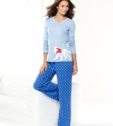 Sweet dreams are all yours in this cozy and cute set by Hue. The Dream Knit top features a dream graphic print and red contrasting stitching, while the polka dot pajama pants feature an elastic waistband.