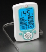 There are two major factors when preparing meat to perfection: timing and temperature. This innovative probe thermometer delivers both readings with digital accuracy, brilliantly displayed on a blue, backlit screen. Limited lifetime warranty.