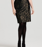 Rich black lace ensconces a glamorous golden Jones New York collection pencil skirt, creating a captivatingly feminine evening look.