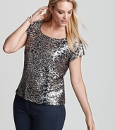 An all-over leopard sequin pattern infuses this Jones New York Collection top with high-impact shine, creating a spot-on look for your next social affair.