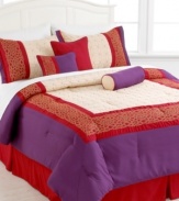 Vibrant tones of purple and red are softened by a pale yellow in this Vera Cruz comforter set, featuring intricate embroidery details in two distinct designs. Shams, bedskirt and decorative pillows complete this bold look that makes a grand statement in any bedroom.