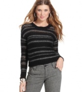 Festive, metallic stripes finish JJ Basic's open-knit sweater with a touch of downtown glam.