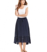 Bring back bohemian chic in NY Collection's crinkled midi skirt. The high-low hem makes it a fresh twist on a classic favorite.