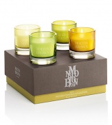 Let the scents of golden solstice, naran ji, nightingale song and night tempest piccolo candelas illuminate your world. Set includes: 4 candles. Burn time: About 8 hours per candle. Made in England.