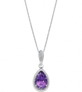 Pear-cut perfection. A stunning amethyst gemstone (2-5/8 ct. t.w.) radiates color, while sparkling diamond accents add shine on this pretty pendant. Crafted in 14k white gold. Approximate length: 18 inches. Approximate drop: 1 inch.