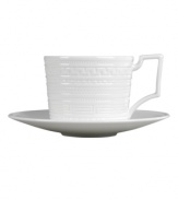 Steeped in history, the Intaglio teacup from Wedgwood features modern bone china embossed with geometric motifs from the Georgian era. With a distinct handle design.