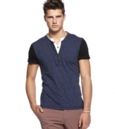 Need a t-shirt upgrade? Try this hip double layer shirt from Bar III to raise your game.