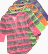 Jeweled buttons and bright stripes dress up this henley tee from Planet Gold.