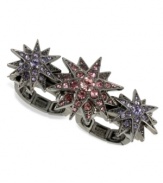 Shine like a star. Betsey Johnson's two-finger stretch ring is crafted from hematite-tone mixed metal with colorful glass crystal accents providing the sparkle.