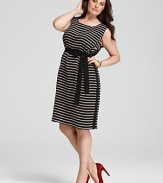 A grosgrain belt at the waist creates beautiful shape on this DKNYC side-button dress. The black-and-white stripes are perfect for showcasing new-season color-pop shoes.