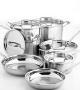 A shining example of kitchen competence, this set includes everything you need for great cooking. The special multiclad construction bonds brilliantly polished stainless steel to a core of pure aluminum for the fastest, most even heat distribution. Professional stainless covers with drip-free rims seal in flavors and nutrients, while the generously sized cool-grip handles provide handling safety. Limited lifetime warranty.