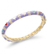 The perfect gift for your little sweetheart. This 18k gold over sterling silver bangle features lavender and multicolored enamel hearts. Bracelet secures with a hinge clasp. Approximate diameter: 2 inches.