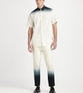 Simple enough as woven short-sleeve shirts go, this one intrigues with ombre coloring at the shoulders that fades to black at the collar. Modified point collarFront buttonsShort sleevesCottonDry cleanImported of domestic fabric