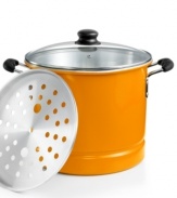 Get steamed! Introduce new ethnic flavors and tastes into your kitchen. This aluminum steamer features tall sides and a perforated metal divider that keeps tamales, seafood, veggies and other culinary creations out of hot water. The hassle-free way to get great steamed flavor right away. 1-month warranty.