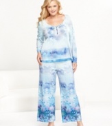 Embrace the lovely decorations of winter while staying warm and cozy in One World's Frozen Snowfall plus size pajamas.