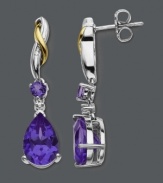 Red carpet-worthy glamour in bold color. These brilliant earrings feature pear and round-cut amethyst (3-5/8 ct. t.w.) with sparkling diamond accents.  Crafted in sterling silver with swirls of 14k gold. Approximate drop: 1-1/5 inches.