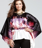 Pretty peonies are streaked with color on this satin Tahari Woman blouse, styled with the ease of a poncho and finished with a flattering inset tie at the waist.