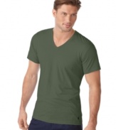 A classic v-neck short-sleeved T-shirt is constructed for lightweight comfort in soft combed cotton jersey.