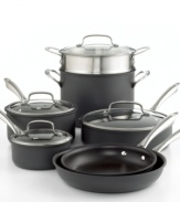 Excellence and convenience collide in a superior collection of pots, pans and all of the pieces you need for a professional kitchen. Using superior technology, this set combines hard-anodized exteriors with a dishwasher-safe long-lasting nonstick finish to deliver expertly-cooked masterpiece meals and hassle-free clean-ups. Lifetime warranty.  Qualifies for Rebate