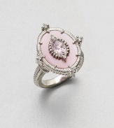 A pretty style with pink mother-of-pearl and faceted pink crystal accented in white sapphires. Pink mother-of-pearlPink crystalWhite sapphireRhodium-plated sterling silverImported 