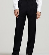 BOSS Black Dr. Hook Trousers. Single reverse pleated pants in virgin wool with rayon viscose lining to knee and unfinished hem. Inner button, hook and button tab closure. Side trouser pockets. Back buttoned welt pockets. 11.5 front rise. 17.5 leg opening.