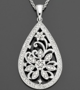 The stunning design of this pear-shaped diamond pendant (3/4 ct. t.w.) is highlighted by a floral burst in the center. Set in sterling silver, Approximate drop: 1-3/4 inches. Approximate length: 18 inches.