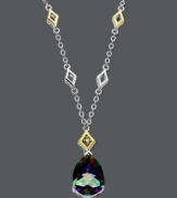 Add an elusive drop of color to your neckline. An enigmatic mystic topaz gemstone (6-1/2 ct. t.w.) and round-cut diamond accents will reflect a rainbow of colors within a chic sterling silver and 14k gold setting. Approximate length: 16 inches. Approximate drop: 1 inch.