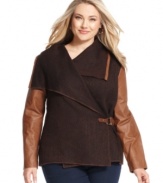 Lend a luxurious feel to your fall looks with Jones New York Signature's plus size jacket, accented by leather detail.