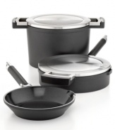 Calling all cooks to the kitchen-you're ready with this cast aluminum set, which features a nonstick ceramic coating that is PFOA- and PTFE-free for an eco-friendly approach to dishing out your favorite meals. Each professional piece keeps up with your pace thanks to mess-free pouring spouts, plus special holes along the rims of the covered vessels make it possible to pour with the lid still on! 3-year warranty.