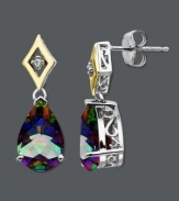 Illuminate your lobes with a myriad of color. Earrings feature an elusive pear-cut mystic topaz (7 ct. t.w.) set in sterling silver. Upper portion of earring crafted in sterling silver with hints of 14k gold and a round-cut diamond accent at center. Approximate drop: 3/4 inch.