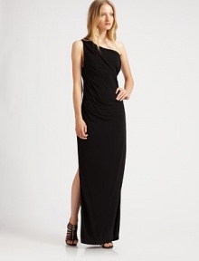 Casual elegance defined by slightly shirred jersey that drapes over the shoulder in a slinky maxi silhouette.Single shoulder strapShirred bodiceSide slitConcealed side zipper with hook-and-eye closureAbout 58¼ from shoulder to hemRayonDry cleanImported