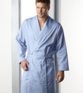 The perfect lightweight robe for lounging around. Belted style features shawl collar, embroidered logo on chest and front patch pockets below waist. Hits below the knee.