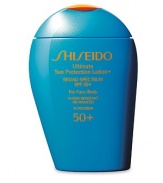 Highly nourishing, water-resistant sunscreen lotion for the face and body with UVA/UVB broad spectrum protection that defends against powerful rays that cause sunburn, cell damage and premature signs of aging. Smooths on evenly with no sticky or filmy feeling. Invisible on skin even after repeated applications. Made in Japan. 3.4 oz. 