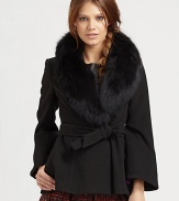 Lush fox fur adds a touch of vintage charm to this shapely topper, cinched in the middle by a waist-defining belt.Genuine Fox fur collarBell sleevesPrincess seamsSelf beltSlash pockets65% polyester/35% viscoseDry clean by a fur specialistImportedFur origin: ChinaModel shown is 5'8½ (174cm) wearing US size Small.