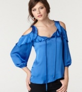 Shoulder cutouts add unexpected edge to this otherwise frilly & femme Bar III satin blouse!