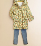 Bright and cheery with colorful fruit pattern, plenty of pockets for all her little necessities, plus a cozy hood to zip on for unpredictable weather.Detachable hood with snap closurePolo collarConcealed front snap closureLong sleeves with button cuffsThree front patch pocketsCottonHand washImported