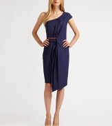 A striking one-shoulder silhouette finished with foldover layers to reveal a fitted strapless sheath.Single short sleevesAsymmetrical necklineFoldover overlaySet-in waistLeather mock side beltFront and back princess seamsAbout 21 from natural waist96% viscose/4% elastaneDry cleanImported