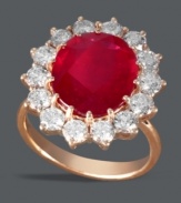 Royally intriguing. Effy Collection's stunning circular ring features a round-cut ruby (6-5/8 ct. t.w.) surrounded by a halo of round-cut diamonds  (2 ct. t.w.). Set in 14k rose gold. Approximate diameter: 4/5 inch.