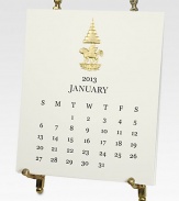 The perfect calendar for the well-dressed desk. Each month features an image from our distinguished collection, hand-engraved in gold metallic ink. Includes 12 calendar cards and a classic nineteenth century-inspired brass table easel.4.75 X 5.5Hand-engravedMade in USA