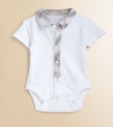 A classic cotton knit bodysuit, accented with a soft-toned checked collar and placket.Point collar Button-down placket Short sleeves Snap bottom Cotton Machine wash Imported