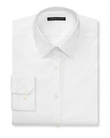 Solid dress shirt with spread collar, two button mitered cuffs. Modern fit through the body.