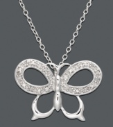 Perfect for the nature-lover you know. This cut-out butterfly pendant presents just the right mix of polished sterling silver and sparkling diamond accents. Approximate length: 18 inches. Approximate drop: 5/8 inch.