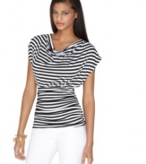 Black and white stripes shine on this draped top from Bar III.